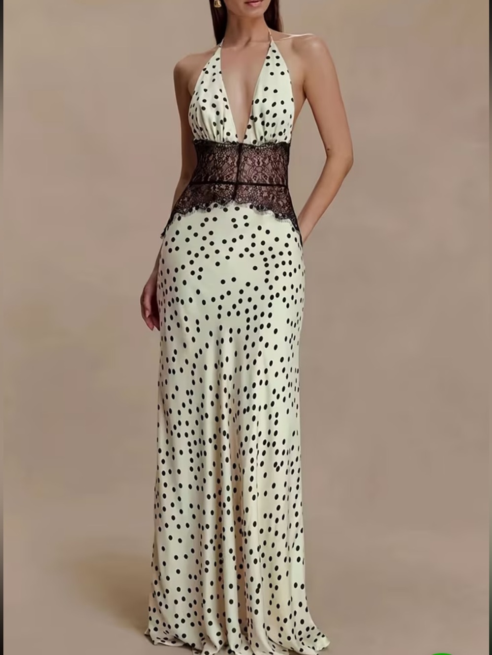 Women's Polka Dot Maxi Dress with Lace Deep V-Neck, Polka Dot Cut-Out, Pleated